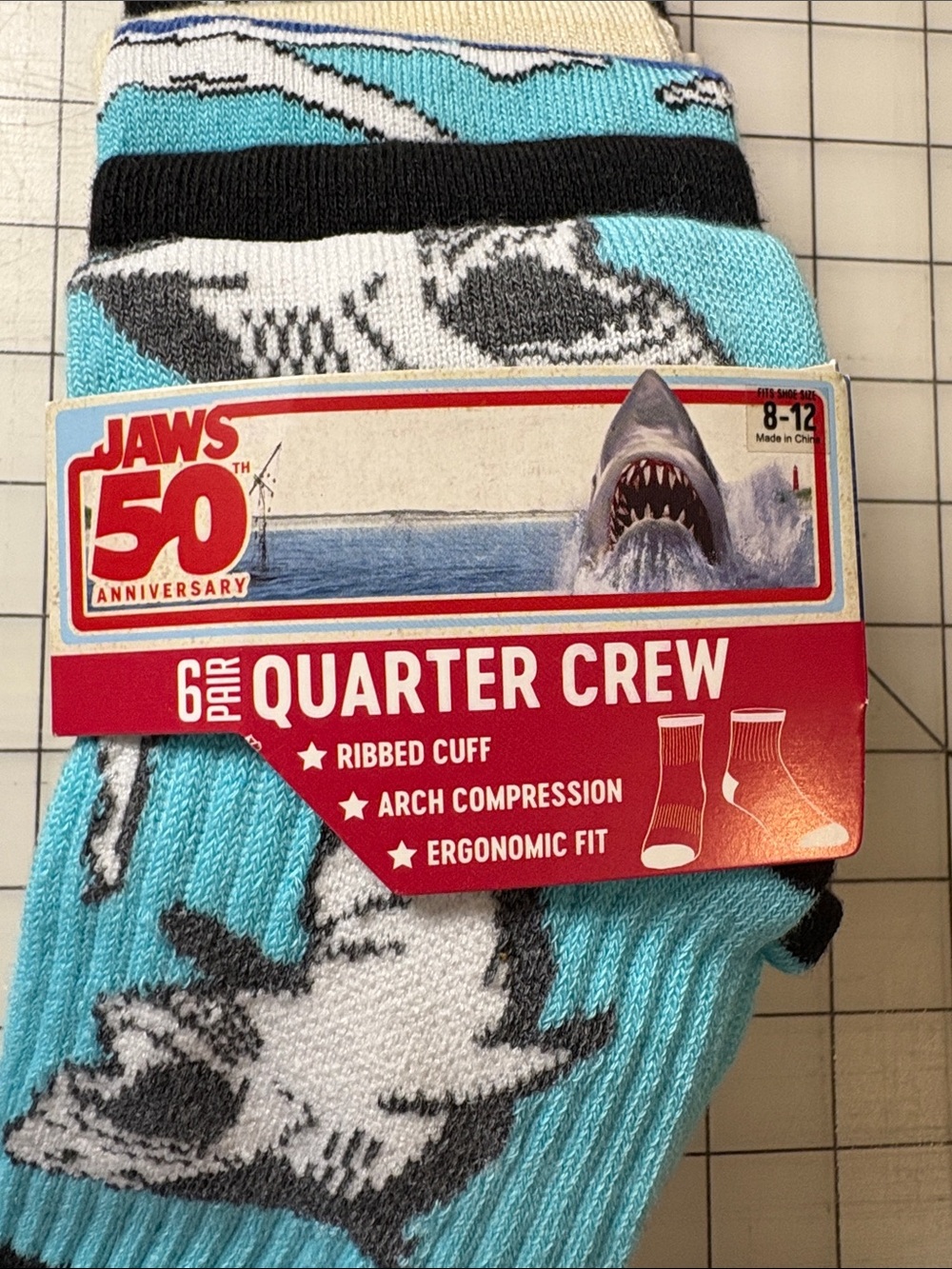 Unisex Quarter Crew Socks - Jaws 50th anniversary shark theme.
